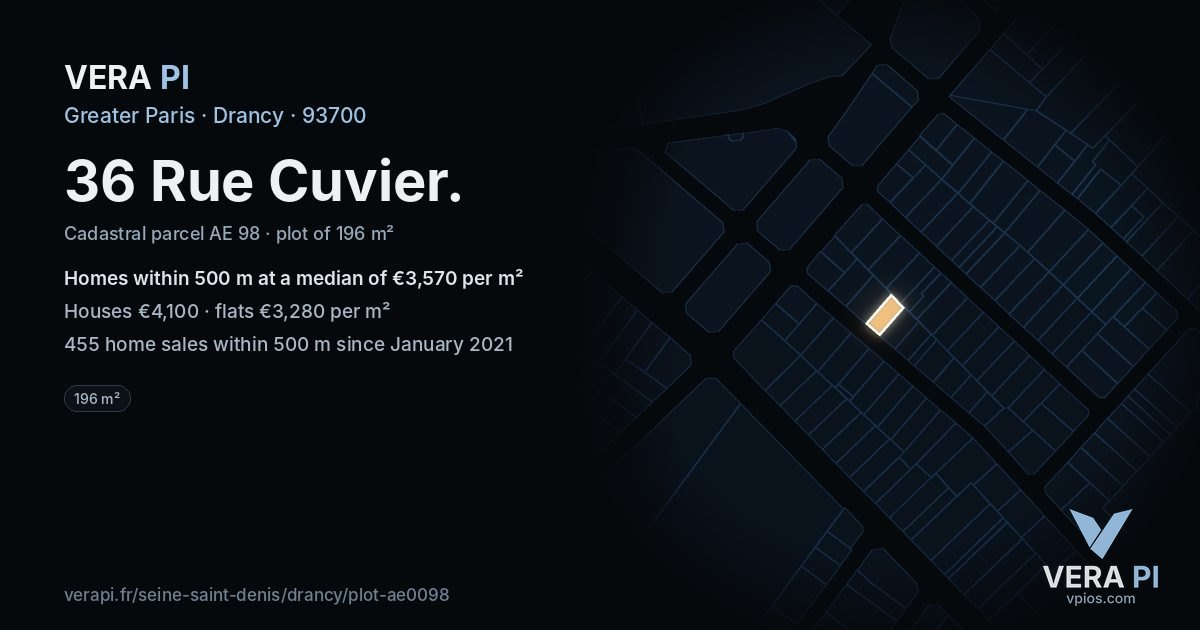 36 Rue Cuvier, Drancy at night – the plot lit, the parcels around coloured by the prices near them