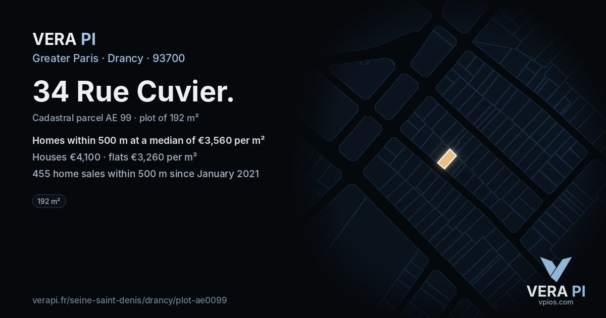 34 Rue Cuvier, Drancy at night – the plot lit, the parcels around coloured by the prices near them