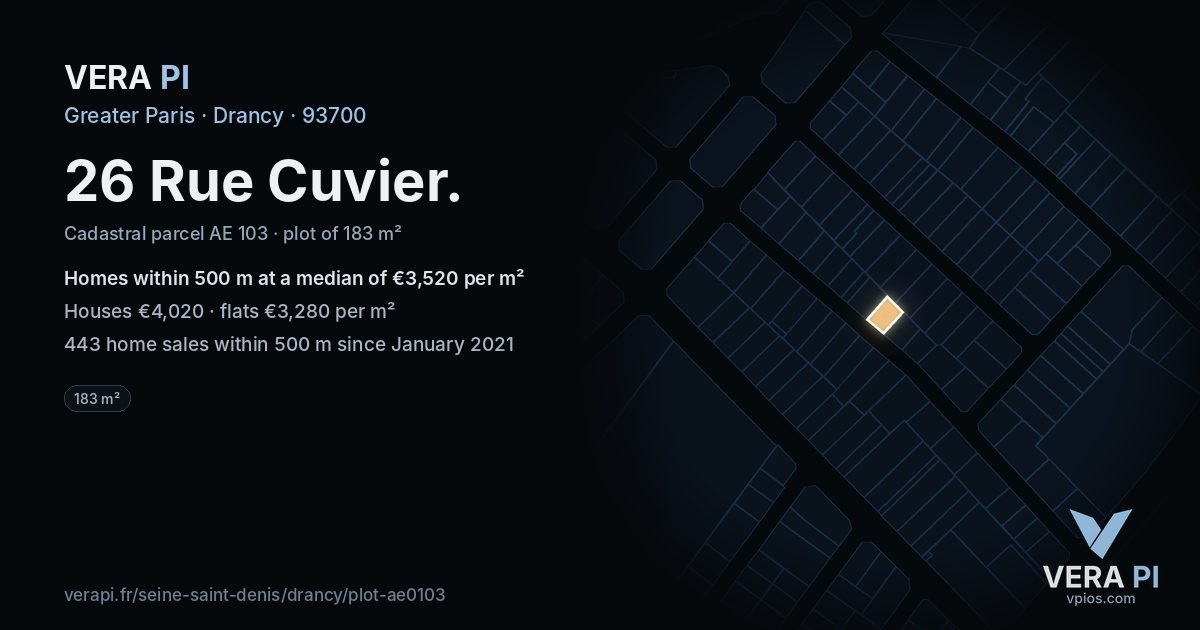 26 Rue Cuvier, Drancy at night – the plot lit, the parcels around coloured by the prices near them