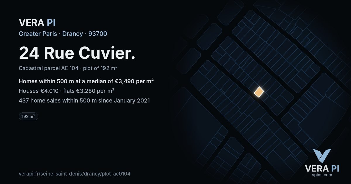 24 Rue Cuvier, Drancy at night – the plot lit, the parcels around coloured by the prices near them