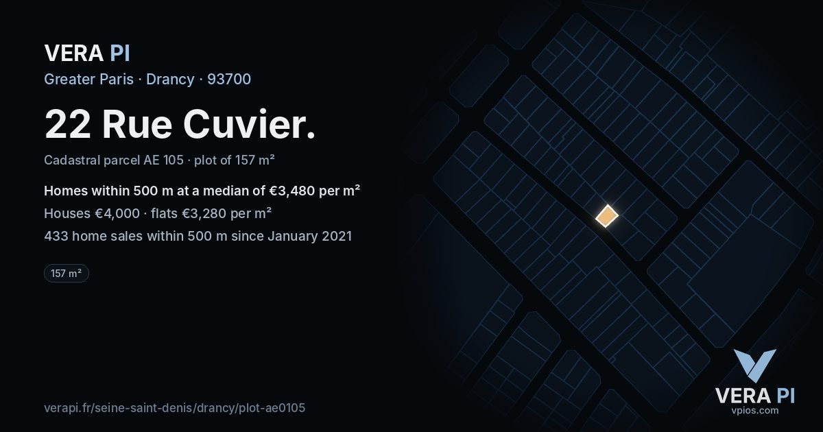 22 Rue Cuvier, Drancy at night – the plot lit, the parcels around coloured by the prices near them