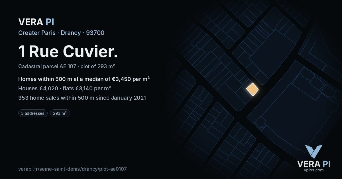 1 Rue Cuvier, Drancy at night – the plot lit, the parcels around coloured by the prices near them