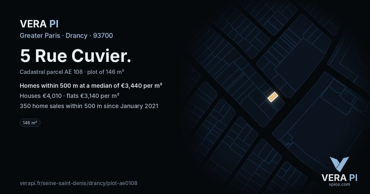 5 Rue Cuvier, Drancy at night – the plot lit, the parcels around coloured by the prices near them