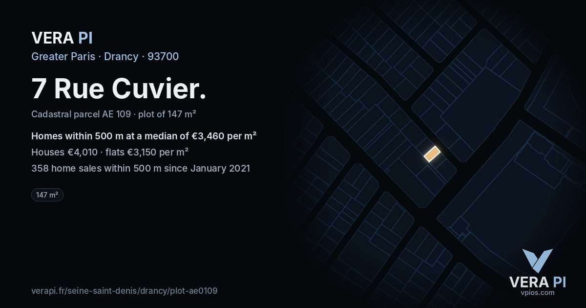 7 Rue Cuvier, Drancy at night – the plot lit, the parcels around coloured by the prices near them