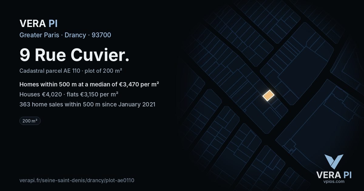 9 Rue Cuvier, Drancy at night – the plot lit, the parcels around coloured by the prices near them