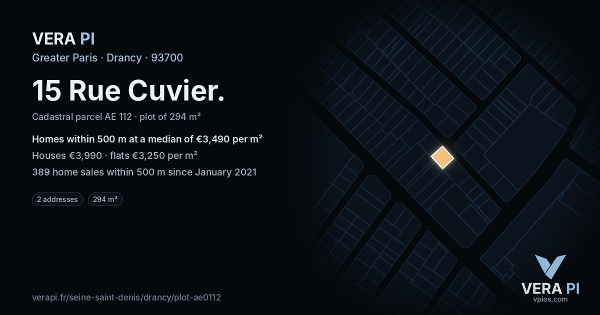 15 Rue Cuvier, Drancy at night – the plot lit, the parcels around coloured by the prices near them