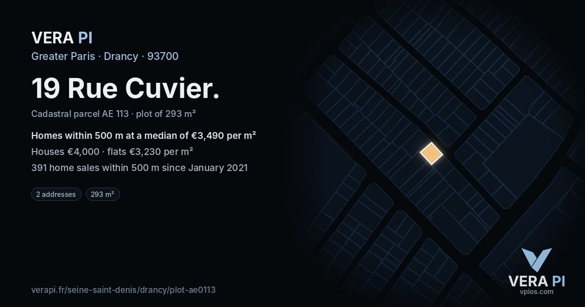19 Rue Cuvier, Drancy at night – the plot lit, the parcels around coloured by the prices near them