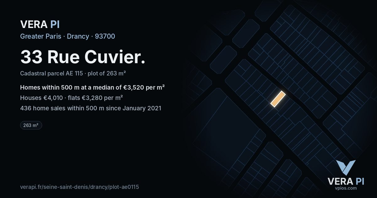 33 Rue Cuvier, Drancy at night – the plot lit, the parcels around coloured by the prices near them
