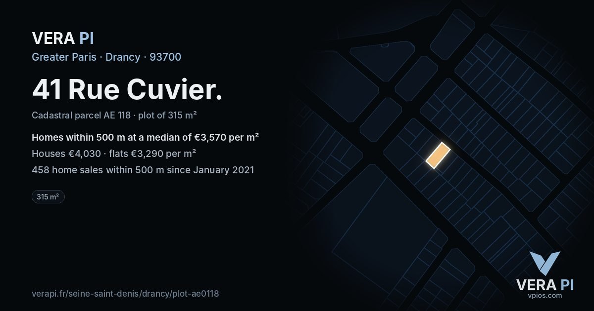 41 Rue Cuvier, Drancy at night – the plot lit, the parcels around coloured by the prices near them