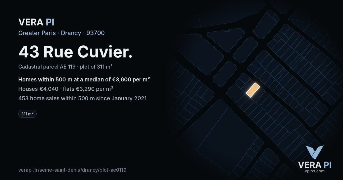43 Rue Cuvier, Drancy at night – the plot lit, the parcels around coloured by the prices near them