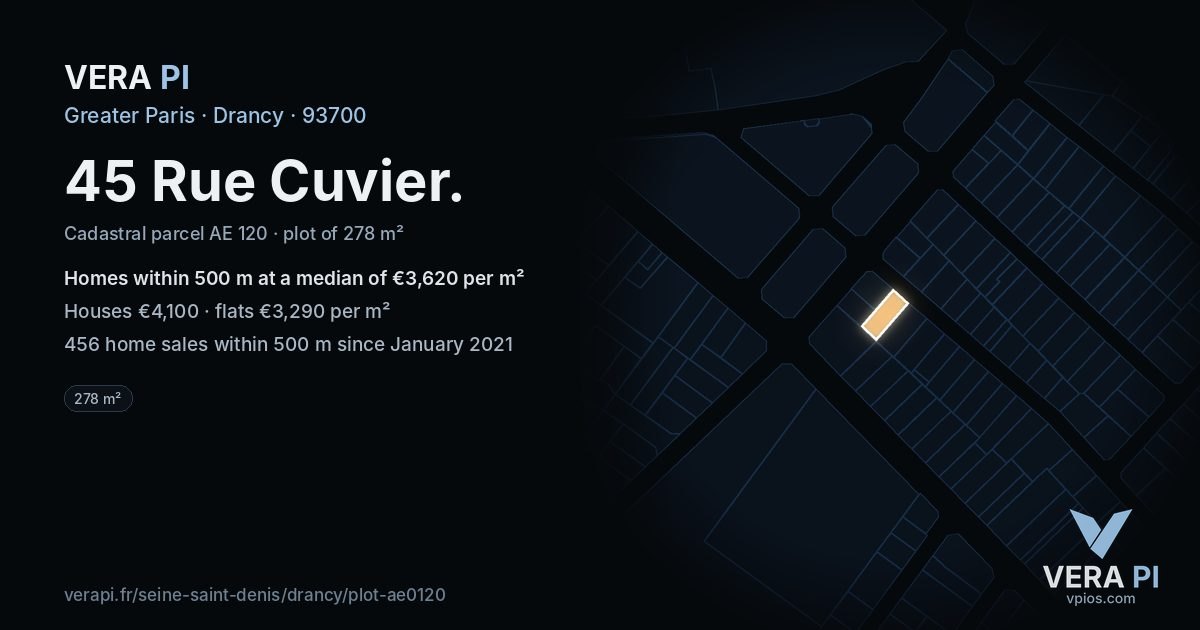 45 Rue Cuvier, Drancy at night – the plot lit, the parcels around coloured by the prices near them