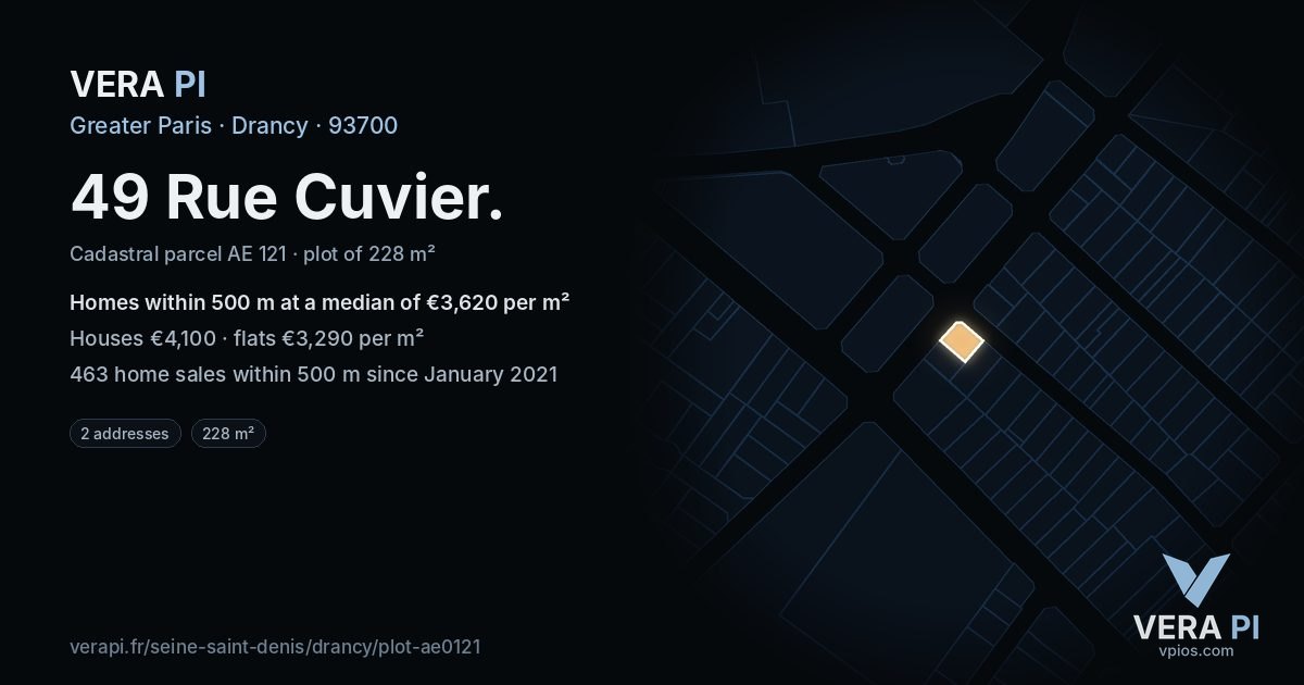 49 Rue Cuvier, Drancy at night – the plot lit, the parcels around coloured by the prices near them