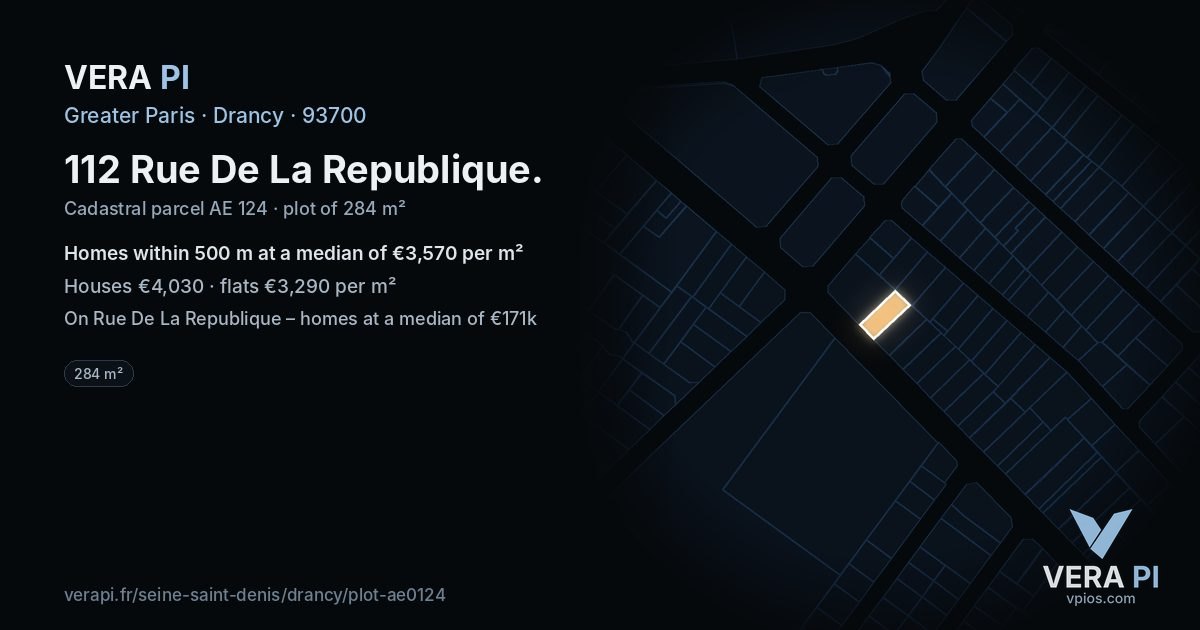 112 Rue De La Republique, Drancy at night – the plot lit, the parcels around coloured by the prices near them