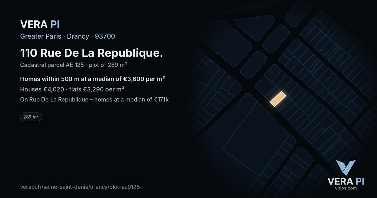 110 Rue De La Republique, Drancy at night – the plot lit, the parcels around coloured by the prices near them