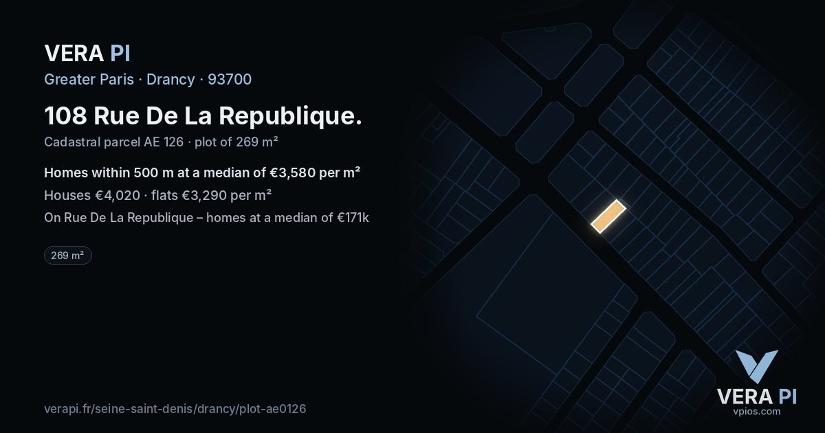 108 Rue De La Republique, Drancy at night – the plot lit, the parcels around coloured by the prices near them