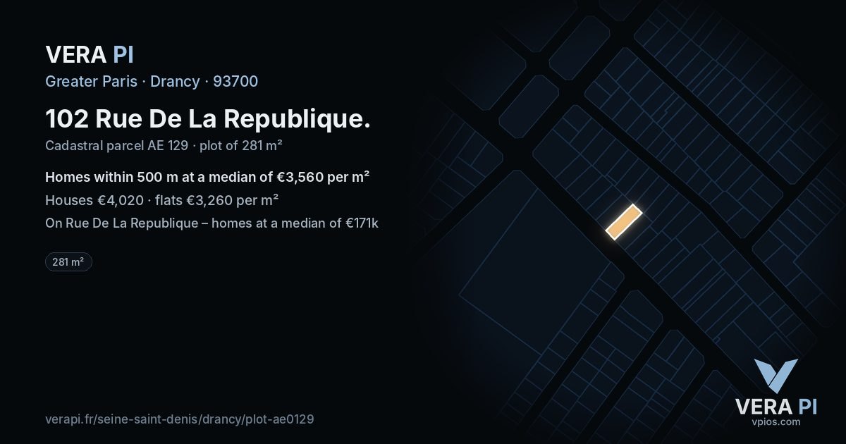 102 Rue De La Republique, Drancy at night – the plot lit, the parcels around coloured by the prices near them