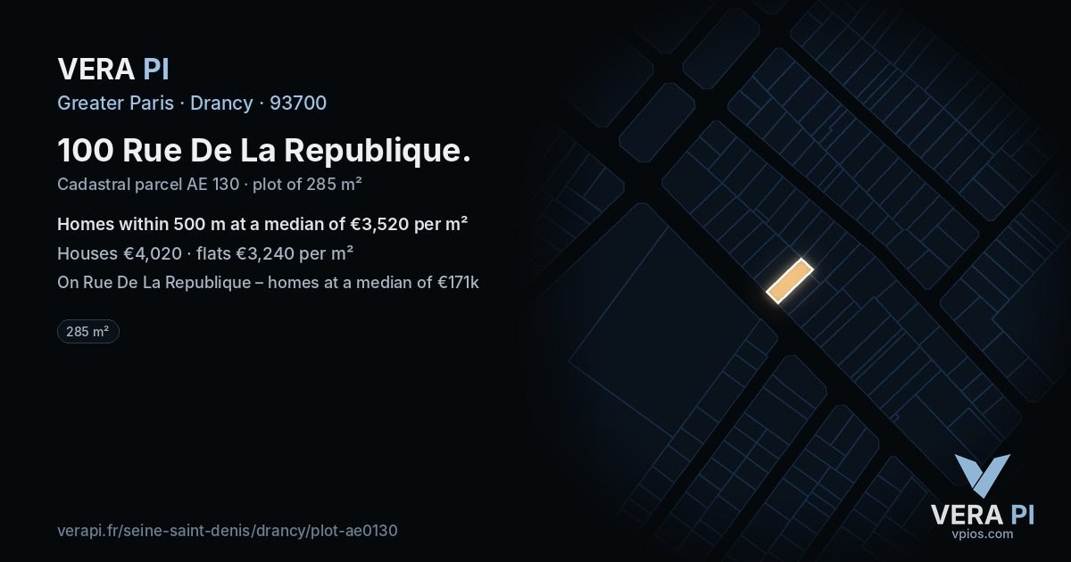 100 Rue De La Republique, Drancy at night – the plot lit, the parcels around coloured by the prices near them