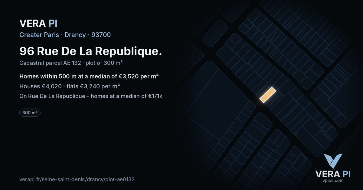 96 Rue De La Republique, Drancy at night – the plot lit, the parcels around coloured by the prices near them