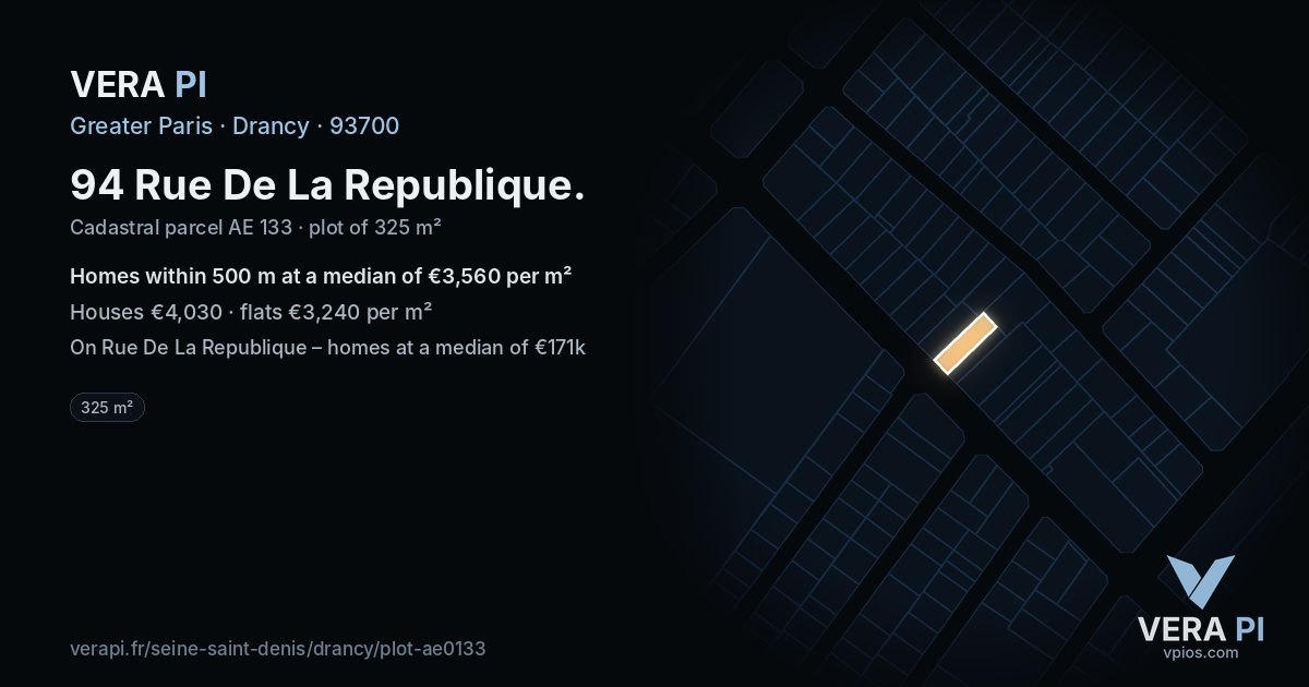 94 Rue De La Republique, Drancy at night – the plot lit, the parcels around coloured by the prices near them