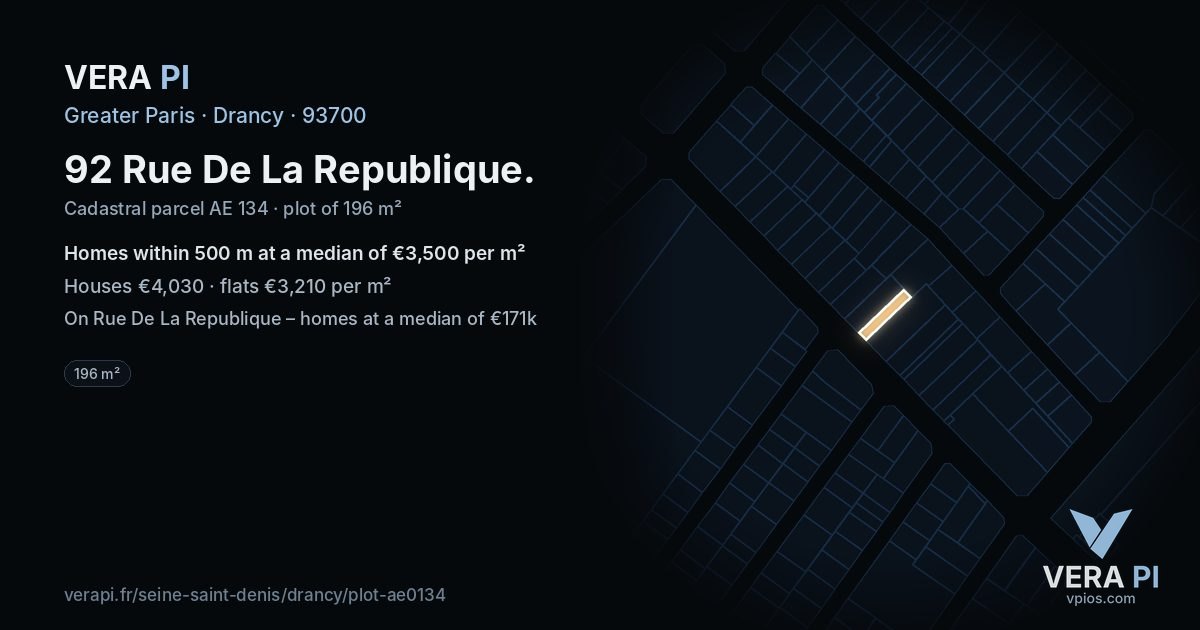 92 Rue De La Republique, Drancy at night – the plot lit, the parcels around coloured by the prices near them