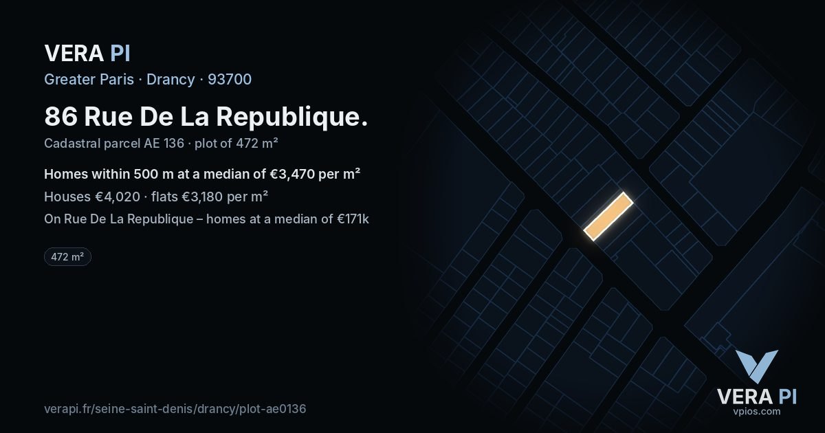 86 Rue De La Republique, Drancy at night – the plot lit, the parcels around coloured by the prices near them