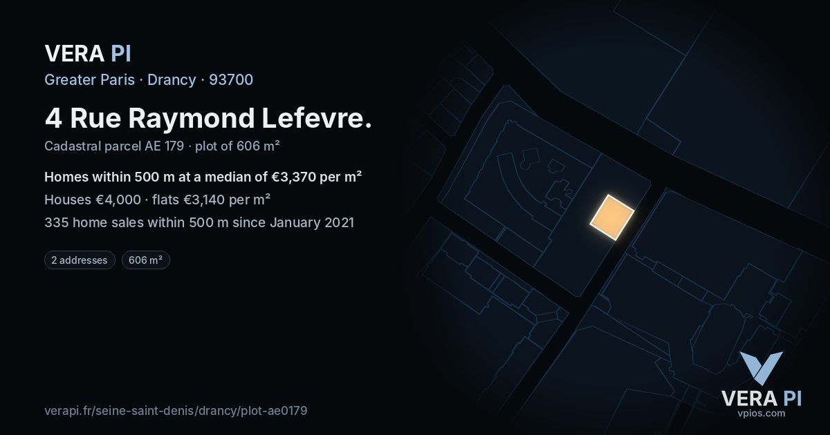 4 Rue Raymond Lefevre, Drancy at night – the plot lit, the parcels around coloured by the prices near them