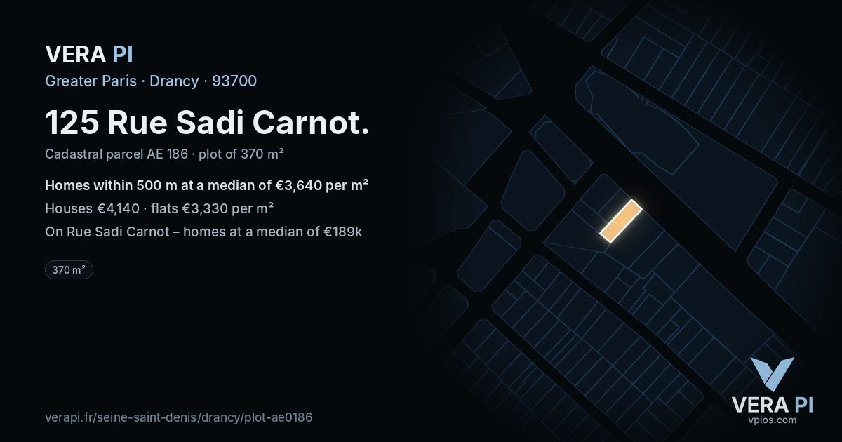 125 Rue Sadi Carnot, Drancy at night – the plot lit, the parcels around coloured by the prices near them