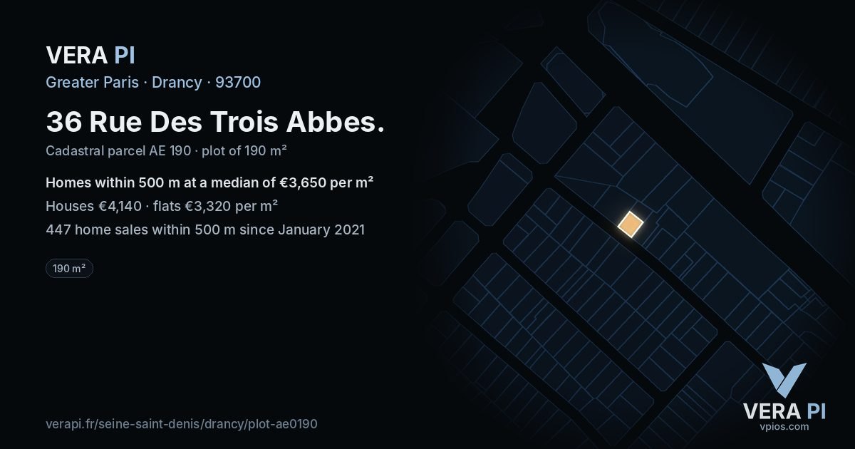 36 Rue Des Trois Abbes, Drancy at night – the plot lit, the parcels around coloured by the prices near them