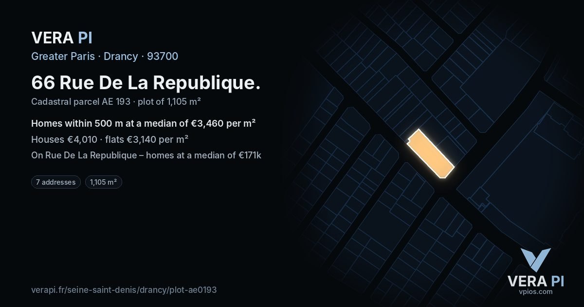 66 Rue De La Republique, Drancy at night – the plot lit, the parcels around coloured by the prices near them