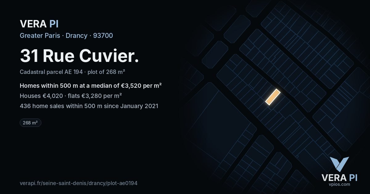 31 Rue Cuvier, Drancy at night – the plot lit, the parcels around coloured by the prices near them