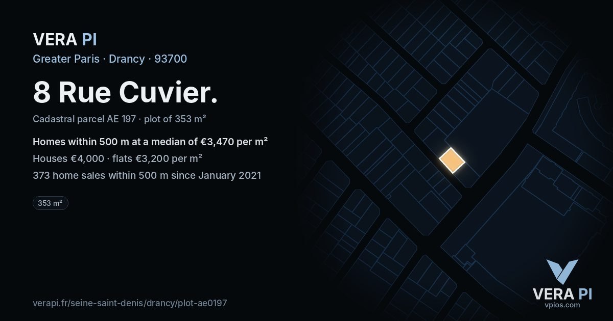 8 Rue Cuvier, Drancy at night – the plot lit, the parcels around coloured by the prices near them