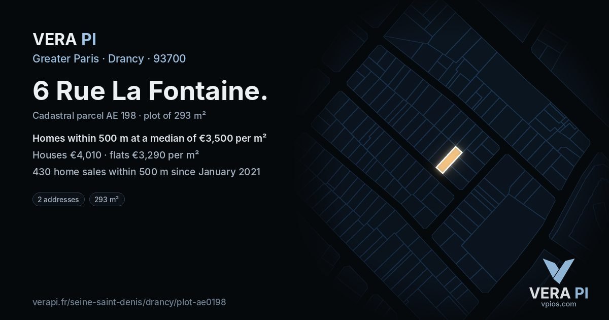 6 Rue La Fontaine, Drancy at night – the plot lit, the parcels around coloured by the prices near them