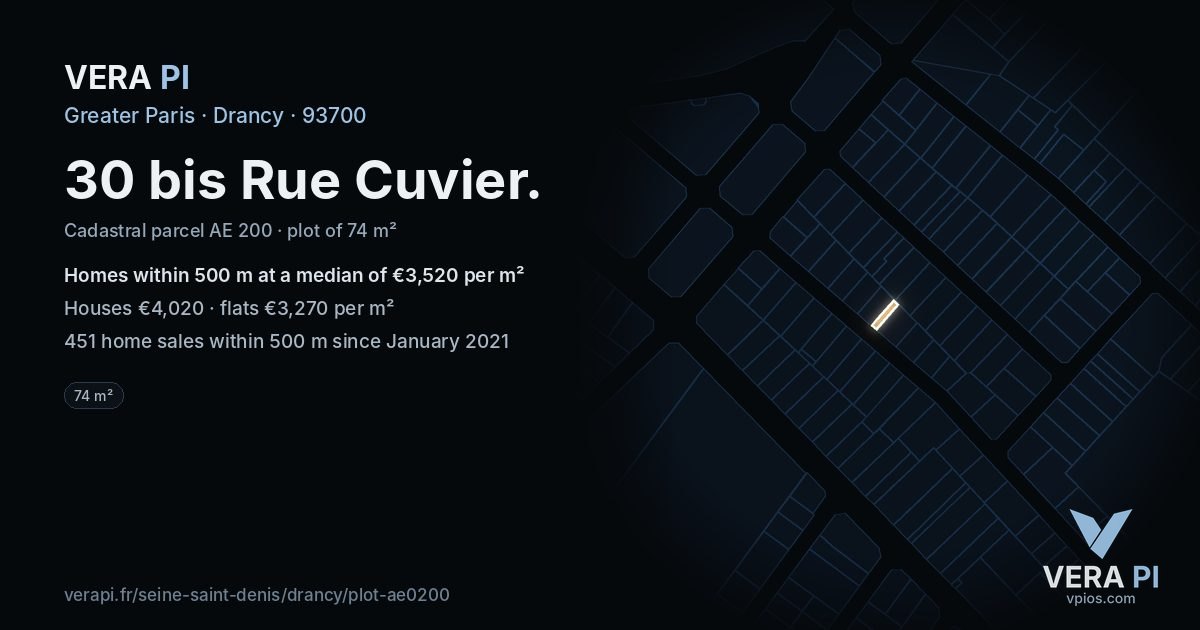 30 bis Rue Cuvier, Drancy at night – the plot lit, the parcels around coloured by the prices near them