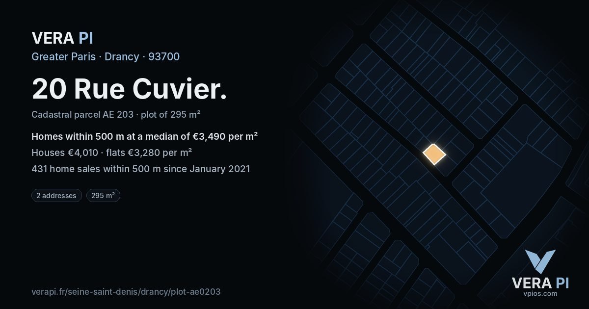 20 Rue Cuvier, Drancy at night – the plot lit, the parcels around coloured by the prices near them