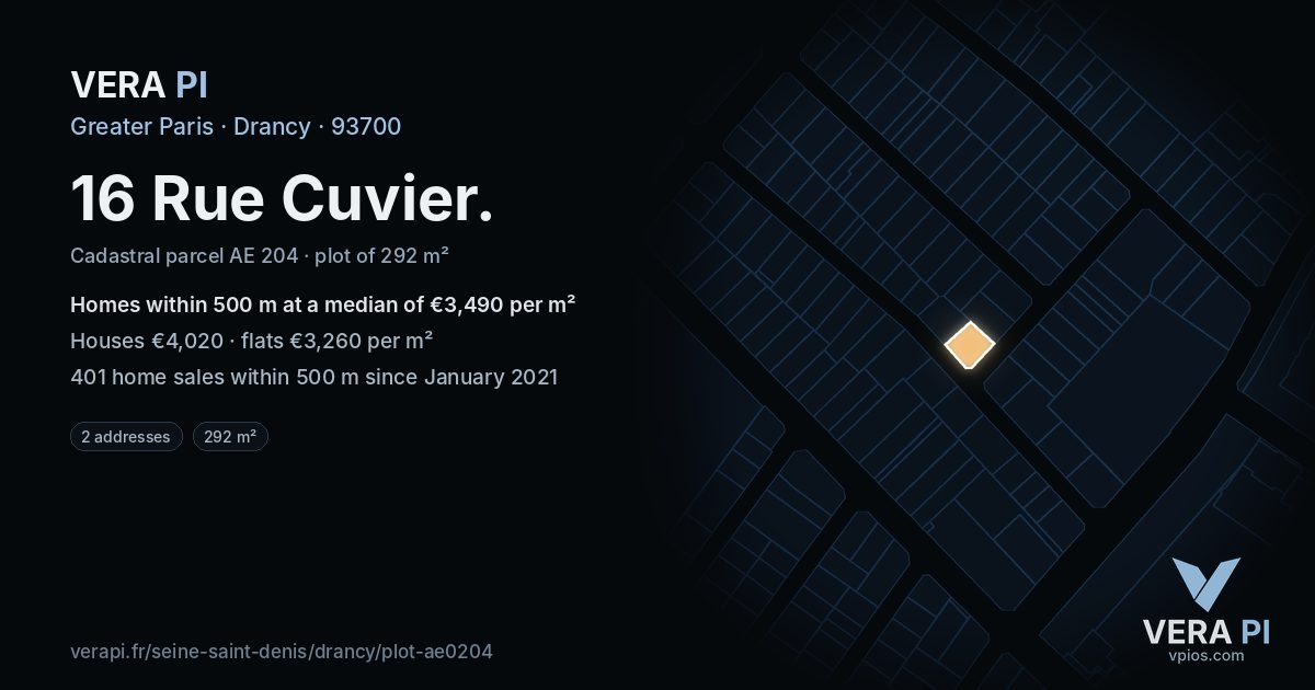 16 Rue Cuvier, Drancy at night – the plot lit, the parcels around coloured by the prices near them