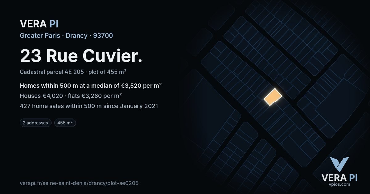 23 Rue Cuvier, Drancy at night – the plot lit, the parcels around coloured by the prices near them