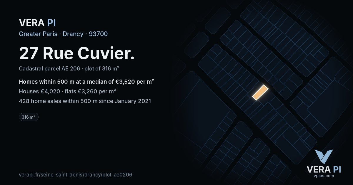 27 Rue Cuvier, Drancy at night – the plot lit, the parcels around coloured by the prices near them