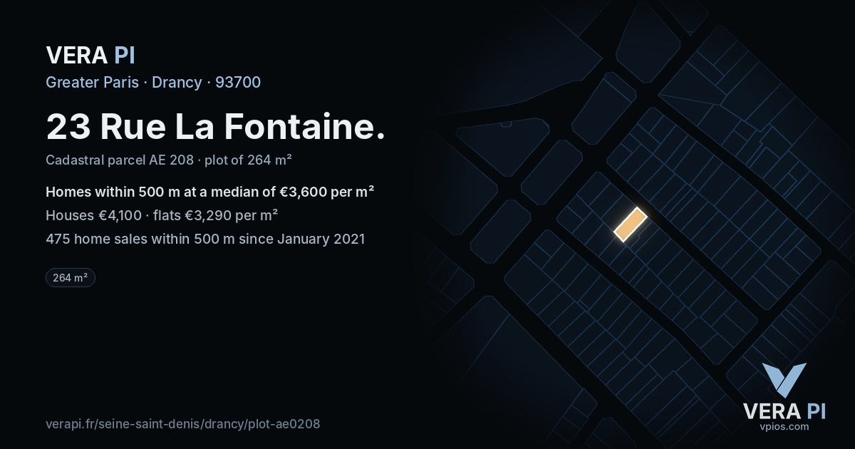 23 Rue La Fontaine, Drancy at night – the plot lit, the parcels around coloured by the prices near them