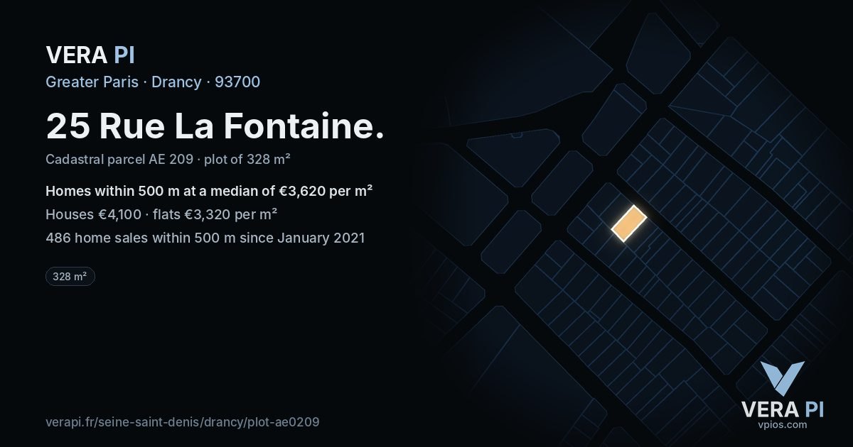 25 Rue La Fontaine, Drancy at night – the plot lit, the parcels around coloured by the prices near them
