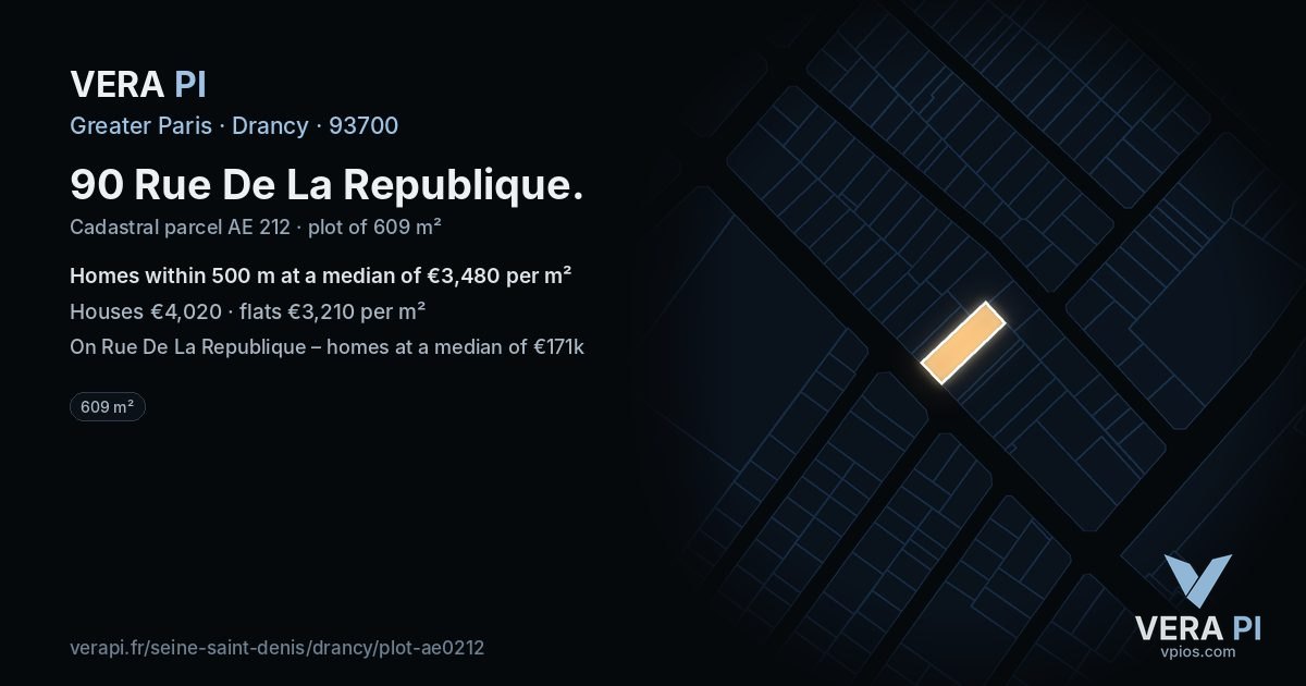 90 Rue De La Republique, Drancy at night – the plot lit, the parcels around coloured by the prices near them