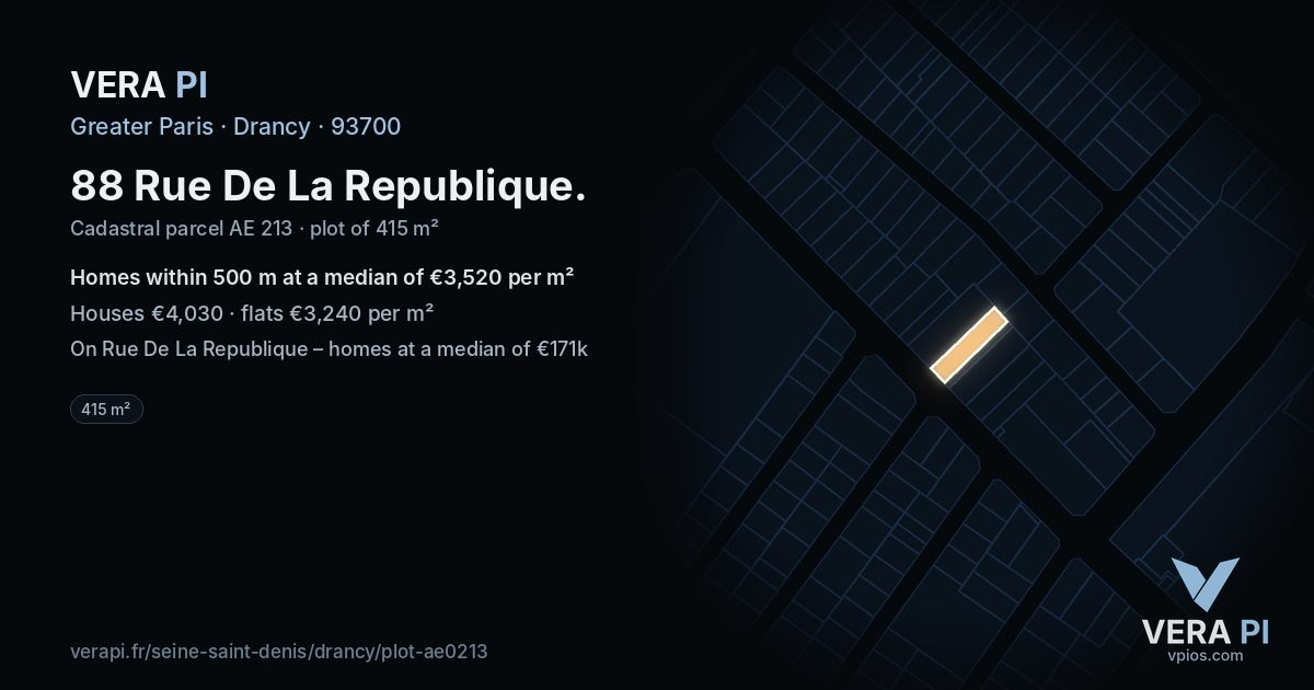 88 Rue De La Republique, Drancy at night – the plot lit, the parcels around coloured by the prices near them