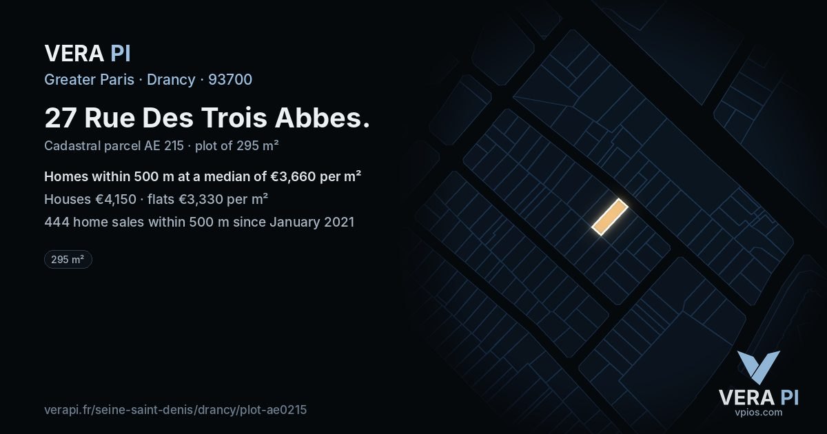 27 Rue Des Trois Abbes, Drancy at night – the plot lit, the parcels around coloured by the prices near them