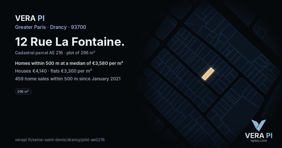 12 Rue La Fontaine, Drancy at night – the plot lit, the parcels around coloured by the prices near them
