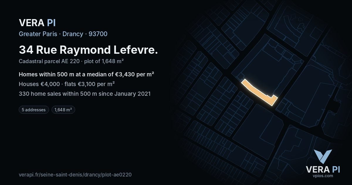 34 Rue Raymond Lefevre, Drancy at night – the plot lit, the parcels around coloured by the prices near them