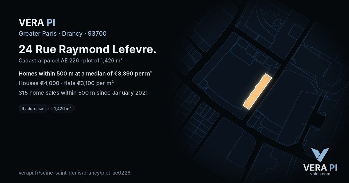 24 Rue Raymond Lefevre, Drancy at night – the plot lit, the parcels around coloured by the prices near them