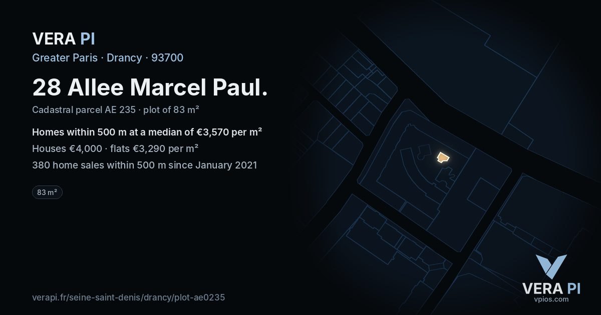 28 Allee Marcel Paul, Drancy at night – the plot lit, the parcels around coloured by the prices near them