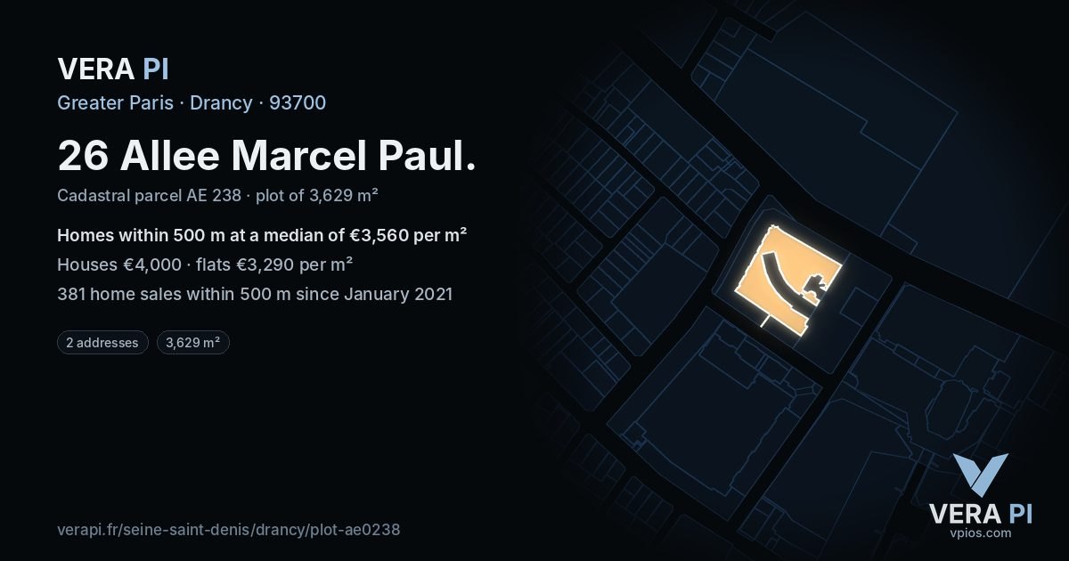 26 Allee Marcel Paul, Drancy at night – the plot lit, the parcels around coloured by the prices near them