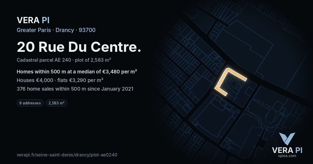 20 Rue Du Centre, Drancy at night – the plot lit, the parcels around coloured by the prices near them