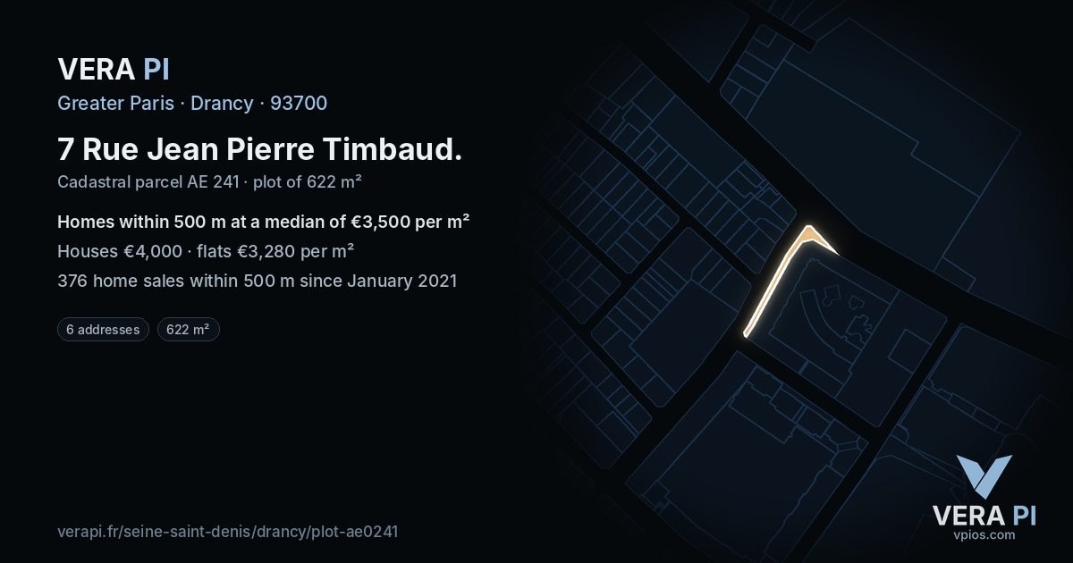 7 Rue Jean Pierre Timbaud, Drancy at night – the plot lit, the parcels around coloured by the prices near them