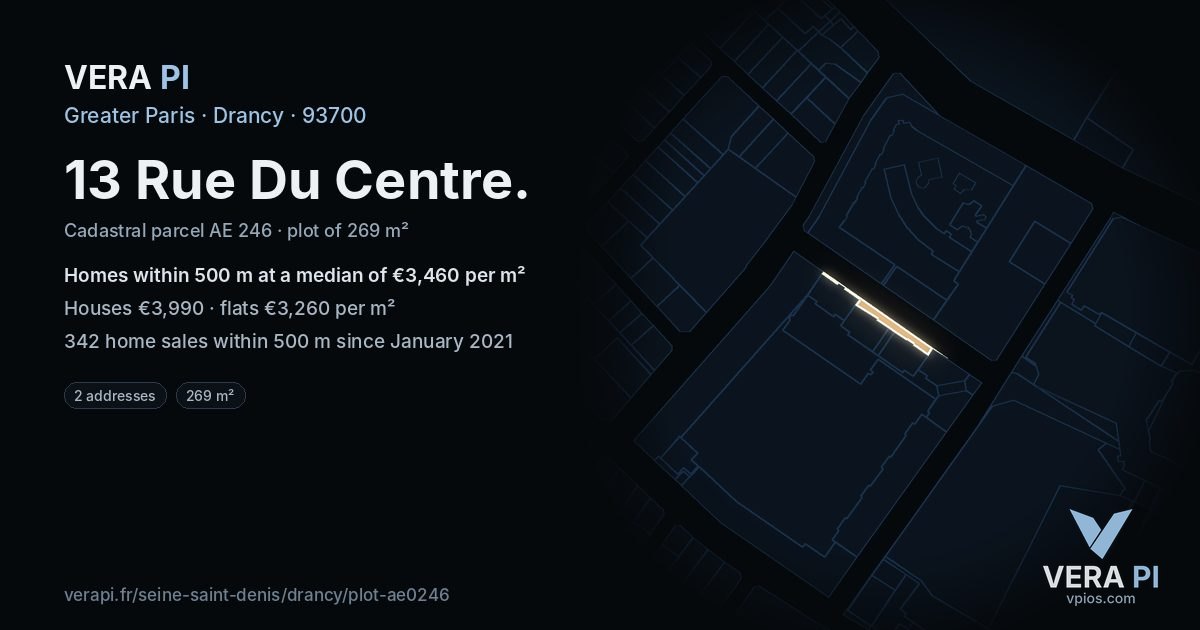13 Rue Du Centre, Drancy at night – the plot lit, the parcels around coloured by the prices near them